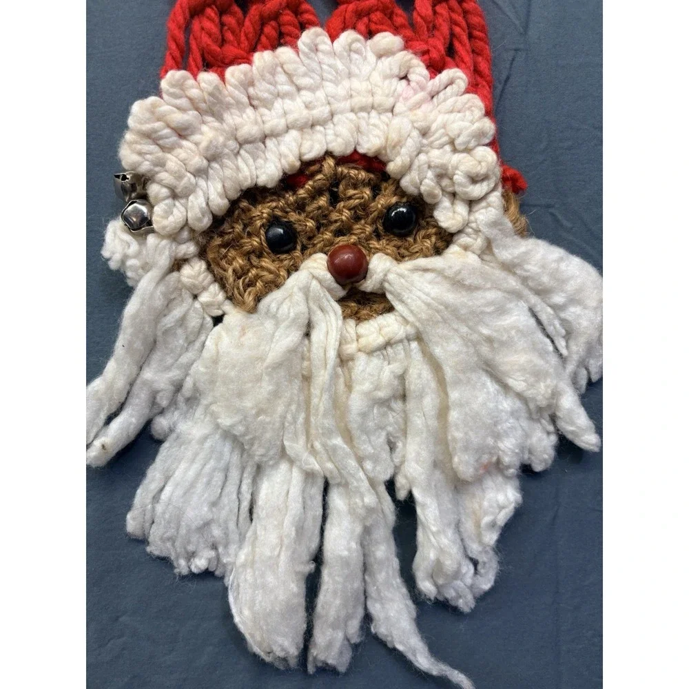 Vtg Handmade Macrame Santa Face Wall Hanging Christmas Decor 2FT Fiber Art Folk